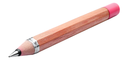 Wooden pencil with pink eraser in upright position, isolated on white background