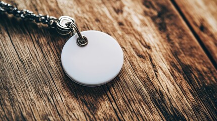 Simple round blank tag on metal chain with natural wooden background for customization or labeling