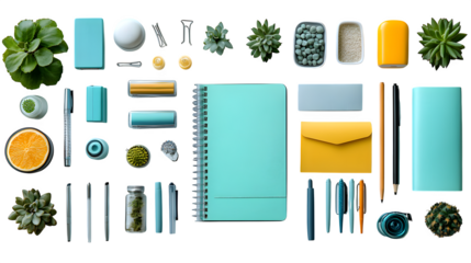 Work-from-home stationery items set arranged neatly isolated on white background