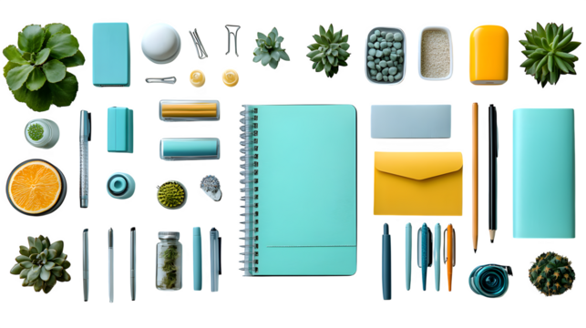 Work-from-home stationery items set arranged neatly isolated on white background