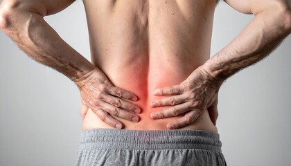 Naklejka premium A close-up view of a man’s lower back as he clutches it in pain.