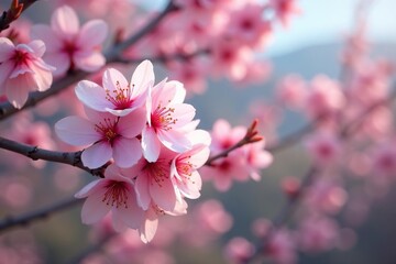 Obraz premium Delicate pink sakura blossoms, full bloom, intricate branches , texture, surface, japanese