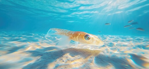 Translucent squid swimming over sandy seabed light blue ocean water