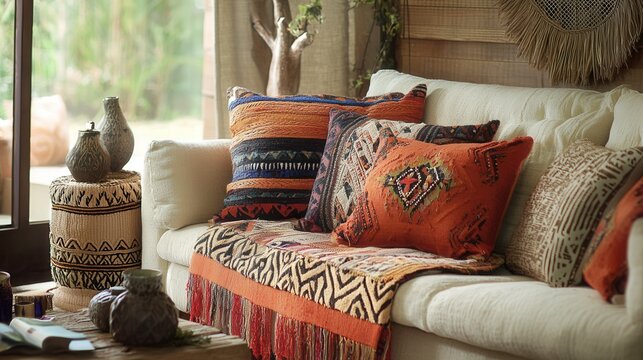 boho living space with colorful pillows, tribal patterned blanket, warm eclectic vibe 