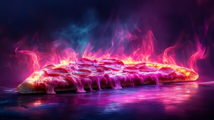 Fototapeta premium Flaming Pizza Slice with Pink and Blue Fire