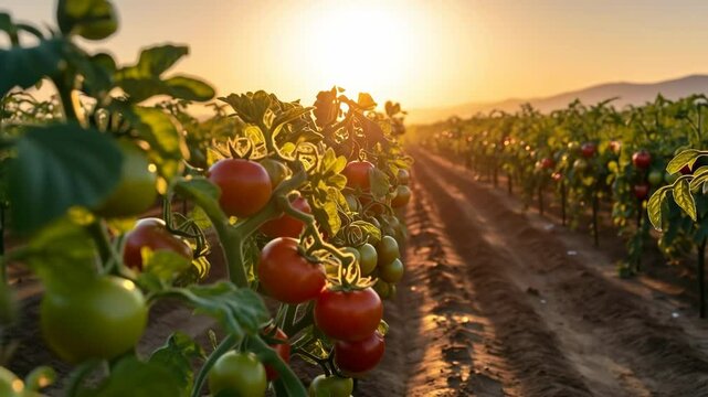 Vibrant tomatoes growing in a sunlit field.