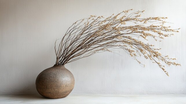 decorative composition of dry grass and branches in ceramic vase, natural boho decor 