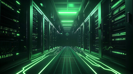 Futuristic server room filled with glowing green circuitry and server racks