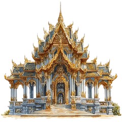 Majestic Thai Temple Illustration A Detailed Rendering of Ornate Architecture.