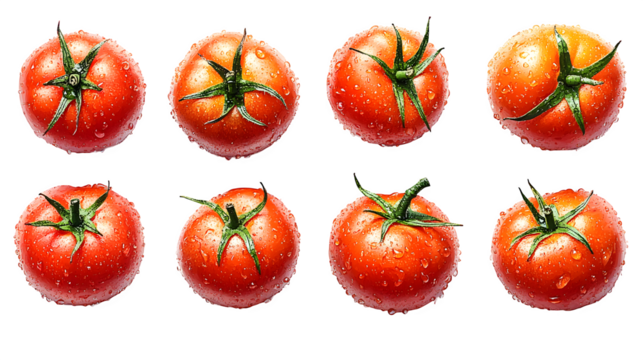 Set of fresh tomatoes in vibrant red tones isolated on white background