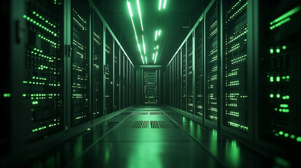 Data center servers illuminated by green light: storage solution architecture