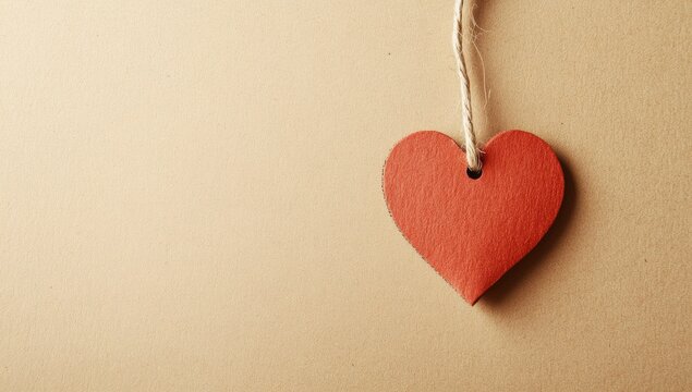 Simple red heart decoration hangs on a beige background