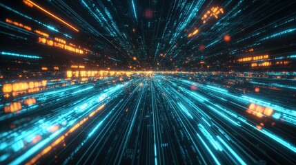 A high-speed data transfer visualization, with streaks of light moving across a futuristic digital landscape