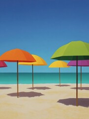 Fototapeta premium Group of colorful umbrellas on a sandy beach. there are six umbrellases in total, each with a different color - orange, yellow, green, pink, purple, and blue.