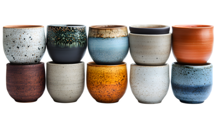 Set of handcrafted pottery with earthy textures isolated on white background