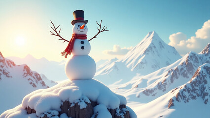 Obraz premium Snowman on a Mountaintop: A cheerful snowman, adorned with a black top hat and a red scarf, stands proudly atop a snow-covered mountain peak, basking in the golden glow of the morning sun.