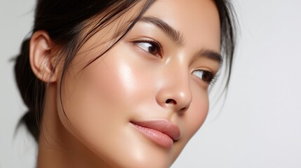Naklejka premium Beautiful Close-Up Portrait of Asian Female Showcasing Radiant Skin and Sleek Hair Generative AI