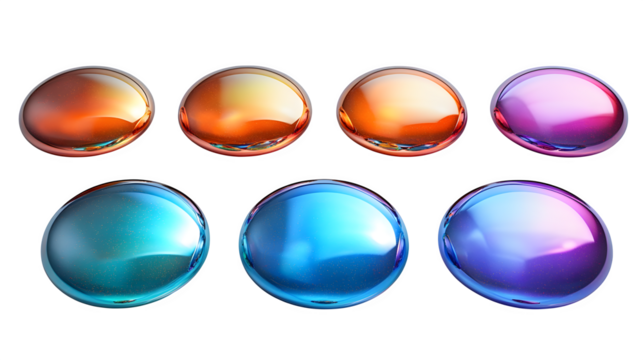 Set of iridescent circle shapes with holographic shimmer ideal for abstract design isolated on white background