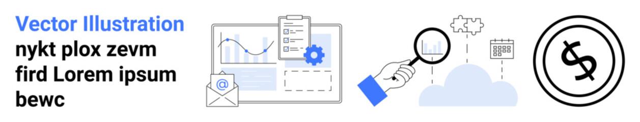 Graphs and documents, email icon, magnifying glass over cloud data, currency icon surrounded by arrow. Ideal for data analysis, cloud tech, finance, marketing, strategy innovation abstract line