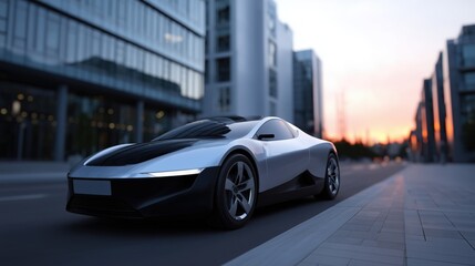 Futuristic Autonomous Electric Car on Sleek City Street During Sunset Generative AI