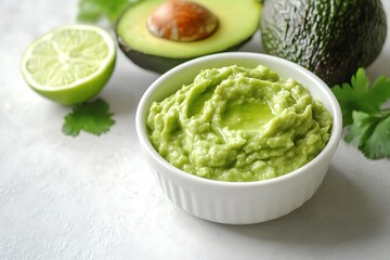 Obraz premium Fresh Guacamole in White Bowl with Avocado Halves and Lime on Marble Tabletop