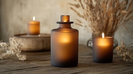 Warm Brown Candles and Rustic Decor on Wooden Table