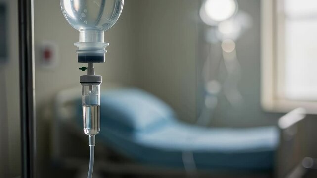 Medical IV drip in hospital room with empty patient bed  