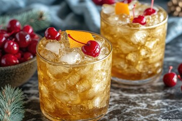 Two drinks with ice, cherries, and orange slices