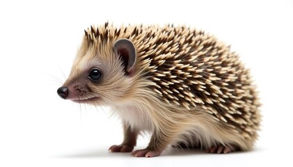Fototapeta premium Small brown hedgehog isolated on pure white background, nature, white