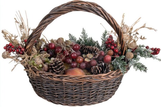 Wicker basket with fall fruit and greenery
