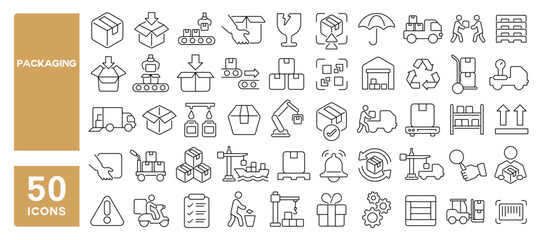 Set of 50 line icons related to packaging, cardboard, logistic, manufacturer, box, package, cargo, product, Editable stroke. Vector illustration