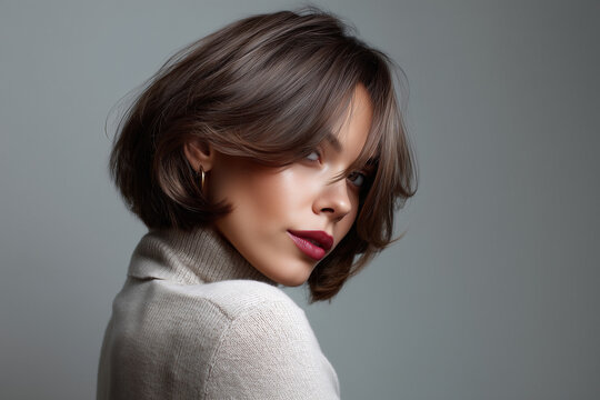 beautiful woman with ash brown wavy layered bob hairstyle, haircut with bangs, in luxury salon 