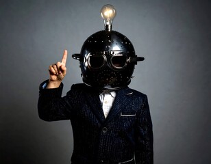 A surprised child wearing a colander helmet with a glowing light bulb on top, large goggles, and a blazer, pointing upward as if having a bright idea.