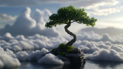 Zen bonsai tree on a cloud island, serene sky backdrop