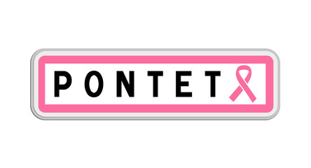 Panneau de sortie de Pontet, Pyrénées-Orientales, Occitanie avec Ruban Octobre Rose