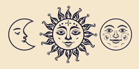 Sun and moon with faces. Set of esoteric astrology elements in boho style. Vector illustration.