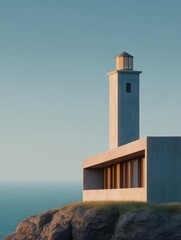 Lighthouse on a cliff overlooking the ocean. the lighthouse is made of concrete and has a tall, cylindrical structure with a pointed top.
