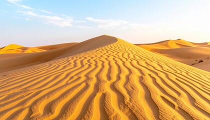 Wavy sand dunes with fine, flowing ridges shaped by the wind, bathed in warm golden light under a vast sky.