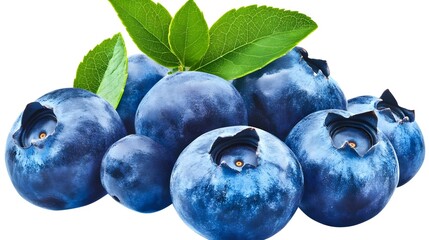 Obraz premium Fresh Blueberries with Green Leaves Isolated on White Background