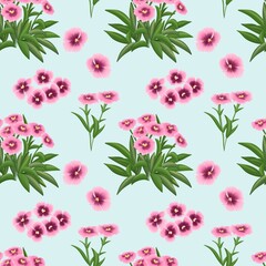 Vintage  Mini Dianthus Seamless Floral Pattern Light blue background