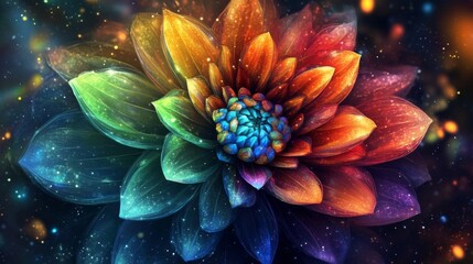 Vibrant Rainbow Flower Glowing in Dark Space