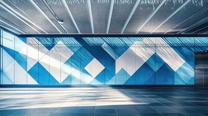 Sunlit modern hallway with blue geometric wall art; elevator in background; architectural design