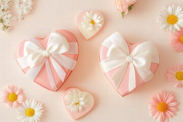 Heart-shaped gift boxes adorned with delicate bows and flowers