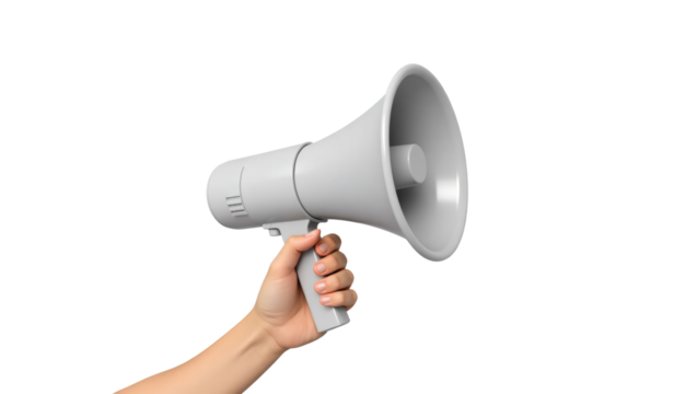 3d render woman hand holding megaphone Isolated on Transparent Background. Generative Ai