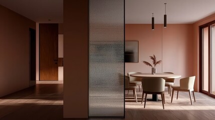 Modern dining area with frosted glass partition, warm tones, and patio view