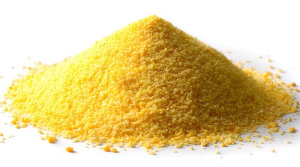 A heap of corn polenta, perfect for cooking or food-related visuals, shown against a bright white backdrop to highlight its vibrant yellow hue
