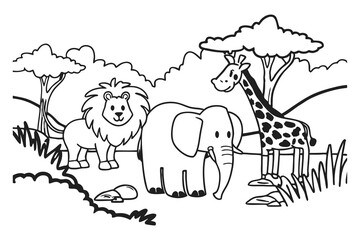 Cute Safari Animals Coloring Page,  Hand Drawn Lion Elephant Giraffe, Jungle Wildlife Line Art for Kids coloring page outline, line art book illustration

