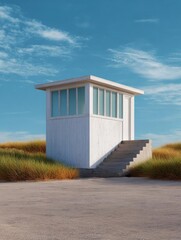Small white building with a sloping roof and large windows on the top. the building appears to be a lookout tower or a control tower, with a set of stairs leading up to the entrance.