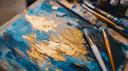 Fototapeta premium Abstract Gold and Blue Acrylic Painting Texture Artistic Brushes Modern Art Canvas Blue Gold Color Palette Rich Texture Visual Art Contemporary 