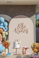 Gender Reveal Party Decorations with Balloons, Signs, Bears, Vases and Fake Cake

